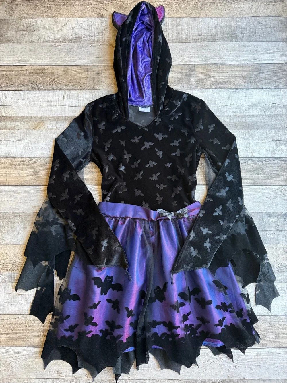 Spirit Halloween Girls Bat Costume Dress Hooded Purple Black Size Large 12-14